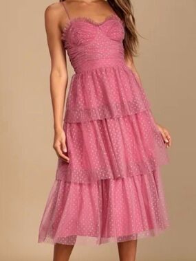 Lulu's Dusty Rose Polka Dot Tulle Midi Dress